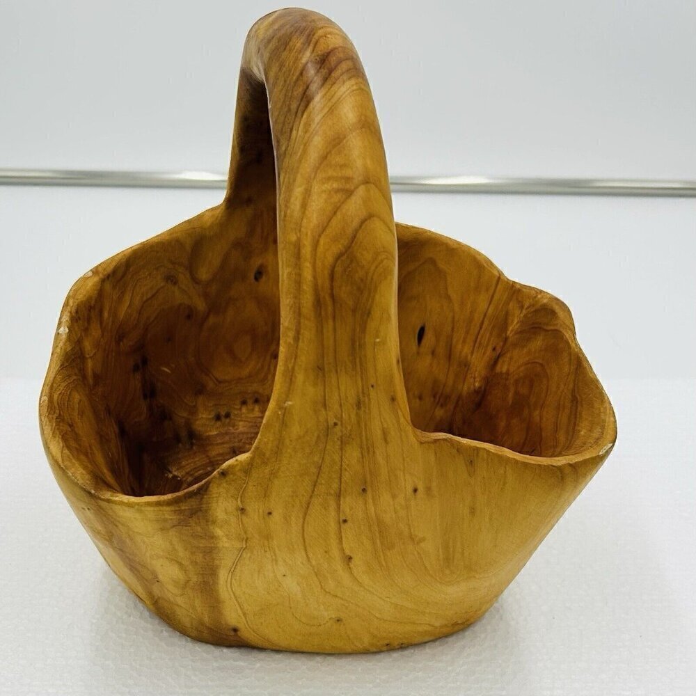Hand Carved Burlwood Handled Basket Rustic Folk Art 8.5" x 7 x 9.5" - Picture 3 of 11